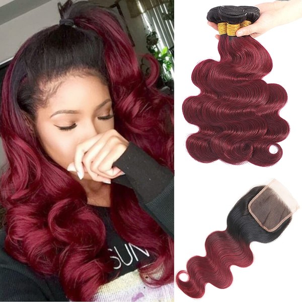 Feelgrace Hair Ombre 1B/99J Body Wave Hair Bundles with Lace Closure Black to Burgundy Two Tone Hair 3 Bundles with 4x4 Lace Closure Free Part Human Hair Weave 20 22 24 with 18