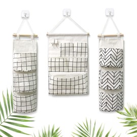 3Pcs Wall Closet Hanging Storage Bag, Waterproof Over The Door Closet Organizer, Linen Fabric Hanging Pouches with 5 & 3 Pockets, Hanging Storage Shelves Pocket for Bedroom Bathroom (Total 11 Pockets)