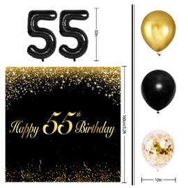 Happy 55th Birthday Balloons Black Set Decor - Cheers to 55 Years Old Party Theme Garland Banner Backdrop Decorations For Women and Men Supplies