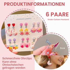 6 Pairs of Children's Clip-On Earrings, Colourful Ear Clips Without Pierced Ears, Girls Clip Earrings for Everyday & Birthday Parties, Unicorn, Flower, Heart, Swan