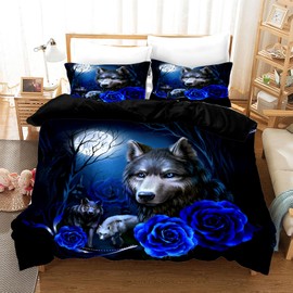 UGZDEA Wolf Bedding Set, 3D Animal Series Wolves Rose Print, Soft Microfibre Quilted Bedding Set for Adult Bedroom Decoration (B, 135x200cm)