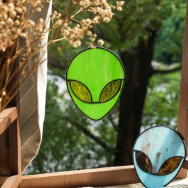 BOXCASA Alien Decorations Stained Glass Window Hanging,Stained Glass Suncatchers for Outer Space Aliens Themed Party Decorations,Alien Birthday Party Decoration