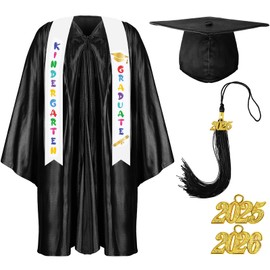 Foaincore 2025 Year Preschool and Kindergarten Graduation Gown Cap Tassel Set with 2025/2026 Charm Printed Stole Grad Gift(30,Black)