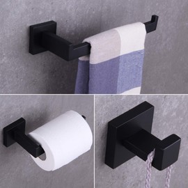 BEIGEEWY 3-Pieces Set Matte Black Bathroom Hardware Set SUS304 Stainless Steel Wall Mounted - Includes Towel Ring, Toilet Paper Holder, Robe Towel Hooks