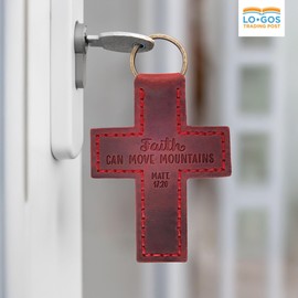 Cross Bible Keychain - Hand-Stitched Genuine Cowhide Leather Keychain Strap - Faith Can Move Mountains Matt. 17:20 Stamped Scripture - Luxury Christian Bible Verse Gift Accessory for Men & Women