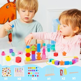 Toddler Montessori Toys Wooden Beads Sequencing Toy Set, Stacking Blocks & Lacing Beads & Matching Shapes, Shape Sorter Toys for 3 4 5 Year Old Boys Girls, STEM Preschool Learning Toys Gifts for Kids