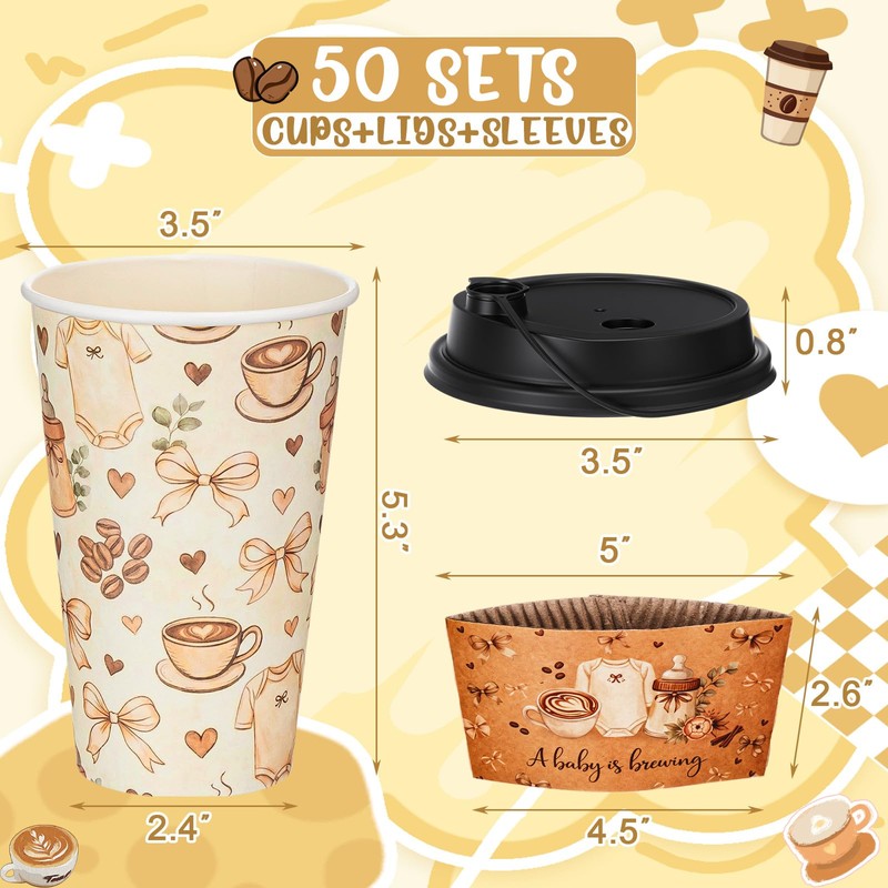 50 Pack 16oz Coffee Cups with Lids & Sleeves, Baby