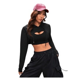 SweatyRocks Women's Crop Hoodie Pullover Very Short Sweatshirts Long Sleeve Jumper Round Collar Cut Outs Shirts with Hood, black