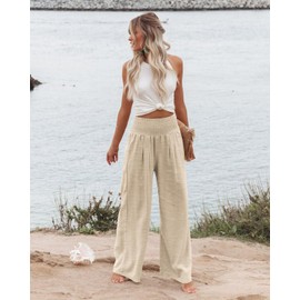 Angerella Women Summer High Waisted Palazzo Pants Beige Wide Leg Long Lounge Pant Trousers with Pocket L