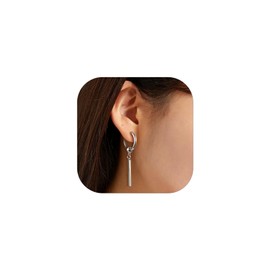 FindChic Stainless Steel Earrings Women's Minimalist Hoop Earrings Unisex Pendant Earrings Punk Stainless Steel Bar Earrings Men's Long Bar Earrings Statement Hoop Earrings Silver Earrings for Couples Women Boys
