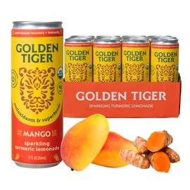 Golden Tiger Sparkling Turmeric Lemonade, Mango (12-pack) Sparkling Wellness Drink Infused with Bioactive Curcumin & Organic Superfoods + Antioxidants for Recovery, Immunity, and Gut Health, 4g Sugar, 20 Calories