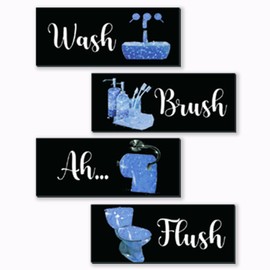 FENCORDAR 4 Pcs Blue Bathroom Decor Funny Blue And Black Wall Art Wooden Bathroom Accessories Modern Glitter for Home Toilet Decoration 10x4 Inches