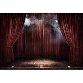 YongFoto 3 x 2.5 m Vinyl Stage Photo Background Brown Curtain Wooden Floor Smoky Headlight Magic Theatre Stage for Party Event Photography Video Background Studio Props Wallpaper