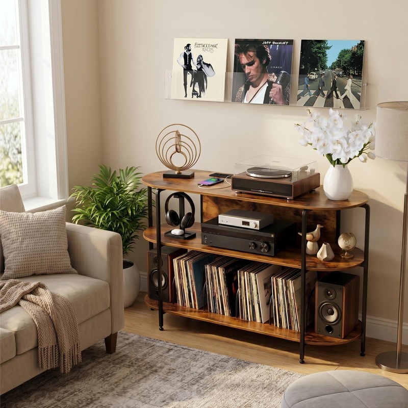 Vinyl Record Player Stand with Power Outlets, 43.3" Mid Century