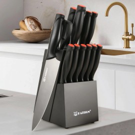 15 Pieces Meat Cutting Knives Set Carbon Steel Kitchen Knife Set with Wooden Blockcolor: Black