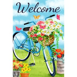 Texupday Welcome Blue Bicycle Flower Blooms Butterfly Decoration Spring Garden Flag Outdoor Yard Flag 12" x 18"
