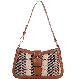 RTGGSEL Women's Contrast Color Plaid Striped Saddle Crossbody Shoulder Underarm Satchel Handbag Tote Clutch Purse Hobo Bag, Brown, Trendy Retro