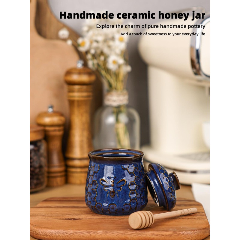 Ceramic Honey Jar with Dipper and Lid 10oz, Honey Pot