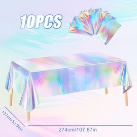 PRITOK Iridescent Party Table Cloths: 10-Pack Plastic Disposable Tablecover, Waterproof Rectangular Rainbow Tablecloth for Birthday Wedding Christmas Decorations (54x108 Inch, Silver)