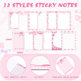 Dispowreath 24 Pcs Pink Bow Sticky Notes with Pens Coquette Bow Themed Self Adhesive Notepad Black Ink Ballpoint Pen Office Supplies Coquette Gift for Birthday, Bachelorette, Bridal, Engagement