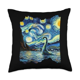 Loch Ness Monster Van Gogh Art Painting Star Sky Night Throw Pillow