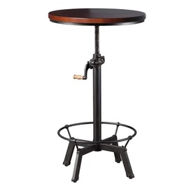 Industrial Bar Table-33.5-39.4 Inch Tall-Adjustable Bar Height Pub Table-23.7 Inch Swivel Round Wood Top Metal Base-Easily Adjusts by Crank Handle