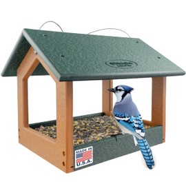 DutchCrafters Amish USA Made Recycled Plastic Large Hanging Modern Fly Through Covered Roof Open Platform Tray Bird Feeder for Outdoors, Garden, Yard (Turf Green & Bright Cedar)