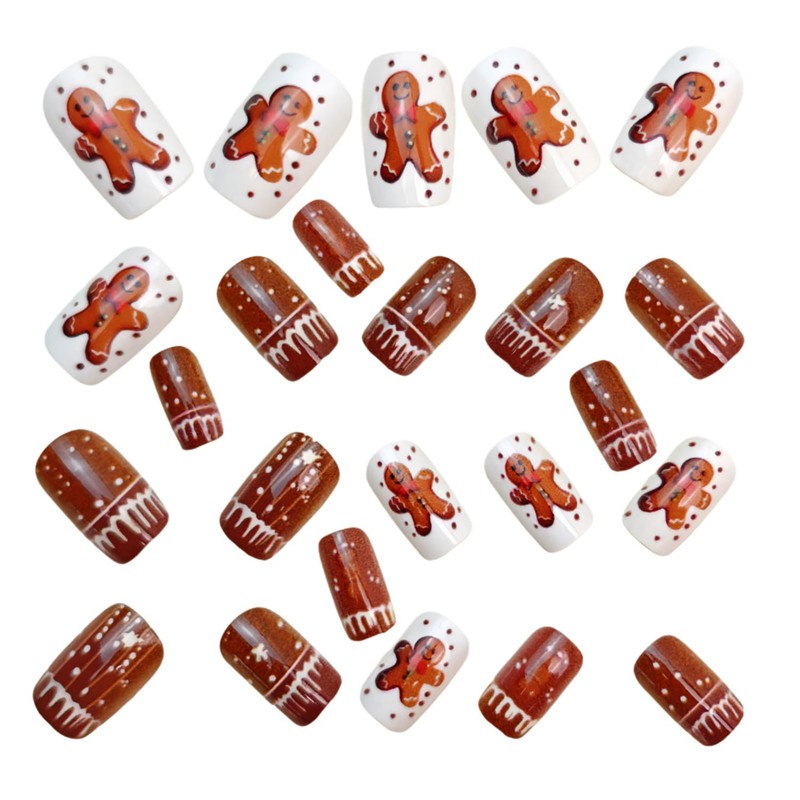 Christmas Press On Nails Square Short Fake Nails Brown Acrylic