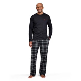 Farah Men's Long Sleeve PJ Lounge Set Soft Cotton Long Sleeve Top & Flannel Check Bottoms Pyjamas with Full Elasticated Waist Black M