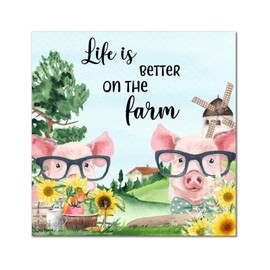DecStic Life is Better on The Farm Pig Wood Signs Classic Farm Harvest Wall Plaque Autumn Harvest Wall Sign Wood Decor Farmhouse Wall Hanging Plaque for Bedroom Living Room Office Home Wall 12x12in