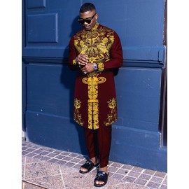 Mens African 2 Piece Set Zipper Nigerian Dashiki Metallic Shirt and Pants Outfit Gold Stamp Printed Long Traditional Suit