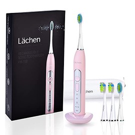 Lächen Sonic - Cepillo de dientes eléctrico sónico con 4 cabezales y temporizador, 3 modos y 3 intensidades de vibración, con bolsa de viaje, color ro