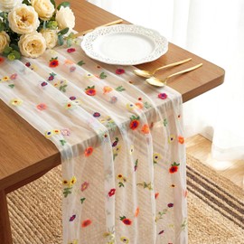 VAIPI - Camino de mesa con bordado floral rústico de primavera y verano, flores silvestres de tul, camino de mesa de flores clásico, decoración para el hogar, boda, fiesta, 108 x 24.5 pulgadas (flores