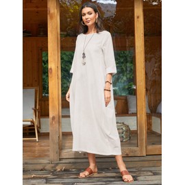 Celmia Women's 3/4 Sleeve Round Neck Solid Loose Long Maxi Dress Cotton Gown with Side Pockets Khaki-a XL