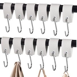 XHTXHT Pack of 12 S Hooks with Leather Loop, Brown Hooks for Clothes Rail, Hooks, Coat Hooks, Metal Hooks for Wardrobe, Kitchen, Bathroom, Camping (White)