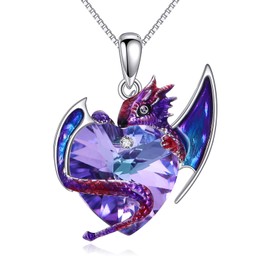 AINFQY Dragon Necklace Sterling Silver Purple Wyvern Necklace Dragon Pendant Heart Crystal Jewellery Gift for Men and Women, Sterling Silver, Crystal