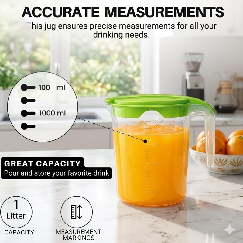 1 Liter Plastic Jug with Lid for Water Fruit Juices