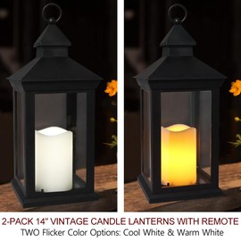 Bright Zeal 2-Pack 14" Candle Lanterns Outdoor Waterproof Decorative Lights With Timer Remote - Decorative Indoor LED Lanterns Battery Operated Black Lanterns -Cool White Vintage Lantern Outdoor Decor