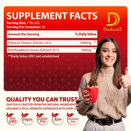Dedicad Hibiscus Flowers Mixed Red Raspberry Leaf Tea Bags - 2Gr/Bag - 50 Bags - Premium Herbs - Non-GMO, Caffeine-free Tea supports Heart, Digestion and Mood