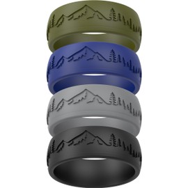 ThunderFit Silicone Wedding Rings for Men, Rubber Engagement Bands 9mm Wide 2mm Thick (Forest and Mountains - Grey A, Black, Dark Blue B, Olive Green - Size 9.5-10 (19.8mm))