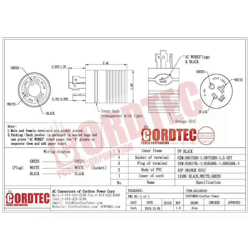 AC WORKS® 30A 125V NEMA L5-30 Male Plug to 20A
