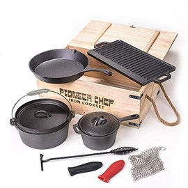 Prospectors Iron Cookware Camping Fit Set 8pc Wood Box
