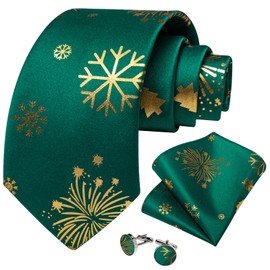 DiBanGu Christmas Green and Gold Ties for Men Party Holiday Festival Tie Vocation Xmas Necktie with Snowflake Pocket Square Cufflink Gift