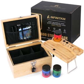 INFINITKIN Premium Storage Box, Smell-Proof & Airtight, with Combination Lock, Foldable Tray & Gradient Glass Jar – Large Wooden Organizer Box Perfect for Travel or Home Gifts