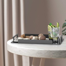 FLE Bathroom Vanity Tray, 2 Pack of Kitchen Countertop Storage Shelf Coffee Table Decorative Tray Cosmetic Organizer Display Holder with Handles,Black