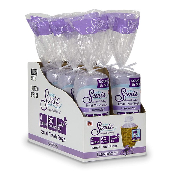 Color Scents - Small Trash Bags for Lightweight Waste, Twist Tie - 4 Gallon Trash Bags, 480 Count - Bathroom Trash Bag, Scented Garbage Bag, Lavender Bag in Lavender Scent (8 Packs of 60 Count)