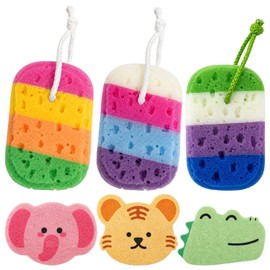 6 Piezas Esponja De Baño, Esponja Para Baño Bebe Para Cuidado Diario De La Piel, Exfoliación Suave, Diseño Con Animales, Ideal Para Familias y Viajes, Esponjas Multicolor Con Cuerda Para Colgar
