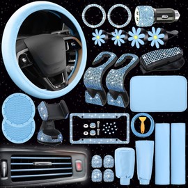 46 Pcs Bling Car Accessories Set for Women Leather Steering Wheel Cover Seat Belt Covers Diamond Rings Sticker Rhinestone Cup Holders USB Adapter Flower Air Vent Clip (Light Blue)