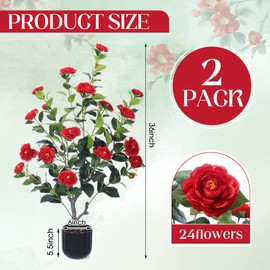 Jexine 2 Pack 36" Artificial Tree with Camellia, Fake Tree with 24 Blooming Flowers, Flower Plants Tree Faux Floral Plant Tree in Cement Pot for Indoor Outdoor Office Home Porch Decor (Red, 36")