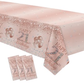 APOWBLS 21st Birthday Decorations Tablecloth for Her Women, 3Pack Disposable Rose Gold Happy 21st Birthday Party Supplies Table Cover, 55in x 86in
